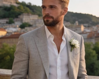 Men’s Light Grey Linen Suit – Summer Wedding Suit, Casual Groom Outfit, Modern Tailored Menswear