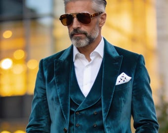 Traje de terciopelo verde azulado / Esmoquin cruzado Blazer, chaleco y pantalones