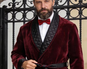 High Class Men’s Long Velvet Robe with Quilted Satin Lapels | Luxury Lounge Wear