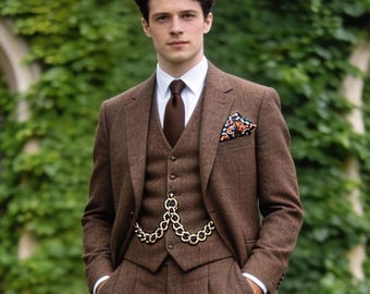 ブラウンツイード3ピーススーツ｜ベストとパンツ付きカスタムメイド