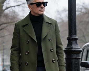 メンズ グリーンツイード オーバーコート：ダブルブレスト ロング