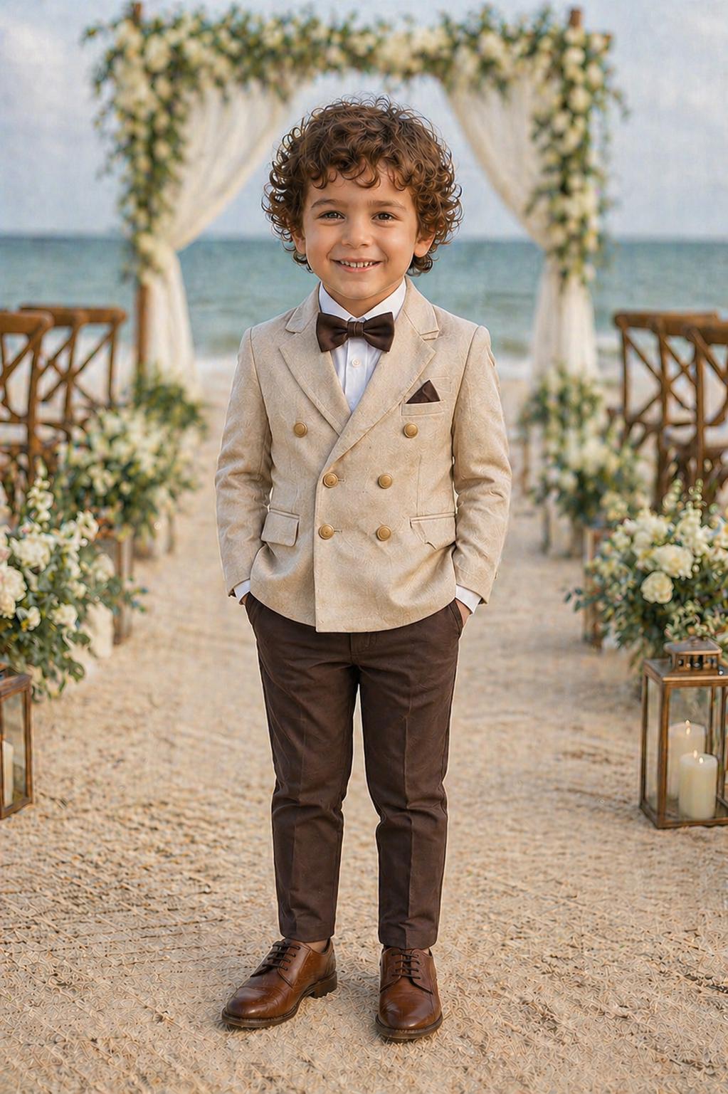 Boys Beige Double-Breasted Suit, Brown Pants, Ring Bearer Wedding Outfit