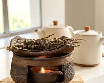 Handcrafted Ceramic Aroma Diffuser Burner, Brown Black Roast Style, Tea Herbs Oils Warmer