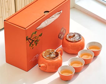Handmade Persimmon Glazed Ceramic Gongfu Tea Set, Chinese Teaware Ceremony