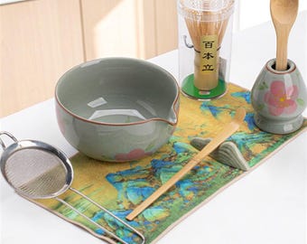 Celadon Crackle Glaze Matcha Bowl Set, Hand Painted Japanese Tea Ceremony Kit
