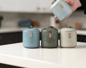Vintage Ceramic Tea Coffee Canister, Rustic Storage Jar, Airtight Kitchen Decor