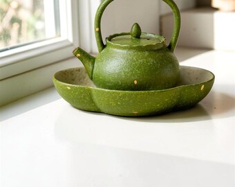 Handmade Green Ceramic Teapot, Gold Detailing, Chinese Kung Fu Style, Elegant Oriental Glazed Teaware