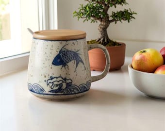 Handmade Japanese Ceramic Mug, Koi Fish Design, Bamboo Lid Spoon, Zen Tea Coffee Cup