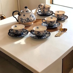 Juego de té de cerámica retro, tetera, tazas y platillos de estilo británico, servicio de café vintage