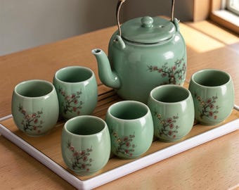Celadon Teapot Set, Hand-Painted Plum Blossom Ceramic Kung Fu Teaware