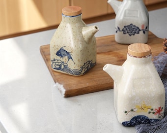 Japanese Ceramic Soy Sauce Dispenser, Oil & Vinegar Bottle with Pour Spout, Mini Olive Oil Cruet, Kitchen Condiment Container, Japandi Decor