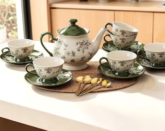 Vintage Green Floral Porcelain Tea Set, Teapot Cups Saucers, Afternoon Tea Service