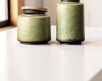 Japanese Ceramic Tea Caddy, Wabi Sabi Green Moss Glaze, Wood Lid Storage Jar