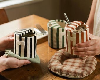 Handmade Striped Ceramic Canister, Retro Coffee Jar, Kitchen Storage Organizer