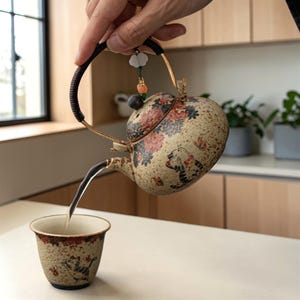 Może przedstawiać: Beżowy ceramiczny imbryk z kwiatowym wzorem i pasującą filiżanką. Imbryk wlewa płyn do filiżanki. Imbryk i filiżanka mają rustykalny, ręcznie malowany wygląd. Imbryk ma zakrzywiony uchwyt.
