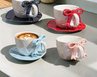 French Vintage Bow Tie Mug, Pearl Luster Ceramic Coffee Cup, Romantic Coquette Tea Mug