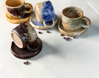 Handmade Rustic Ceramic Mug and Saucer Set, Kiln-Changed Glaze Stoneware Coffee Cup