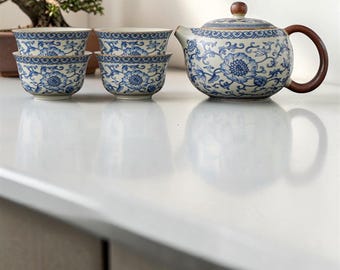 Blue White Porcelain Tea Set, Hand Painted Vintage Kung Fu Tea Ceremony