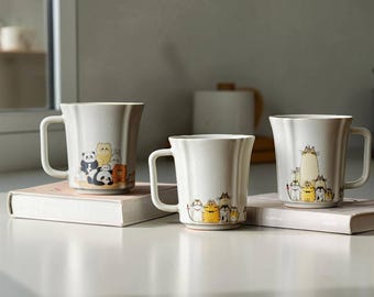 Hand Drawn Cat Ceramic Mug, Crackle Glaze Kitten Tea Cup, Artisan Pottery Coffee Cup