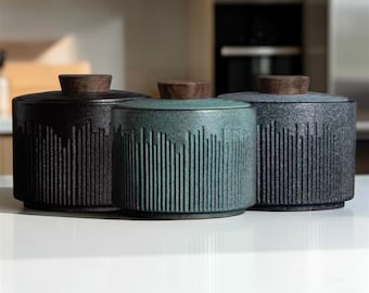 Textured Ceramic Storage Jars with Wooden Lids, Minimalist Stoneware Canisters