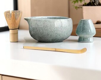 Handmade Blue Ceramic Matcha Bowl Set with Whisk Holder