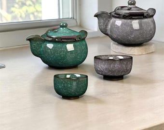Portable Crackle Glaze Travel Tea Set, Frosted Grey Jade Green Teapot Cups