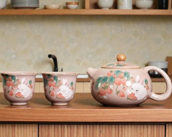 Hand-Painted Rabbit Tea Set, Japanese Ceramic Teapot, Gongfu Teaware Gift