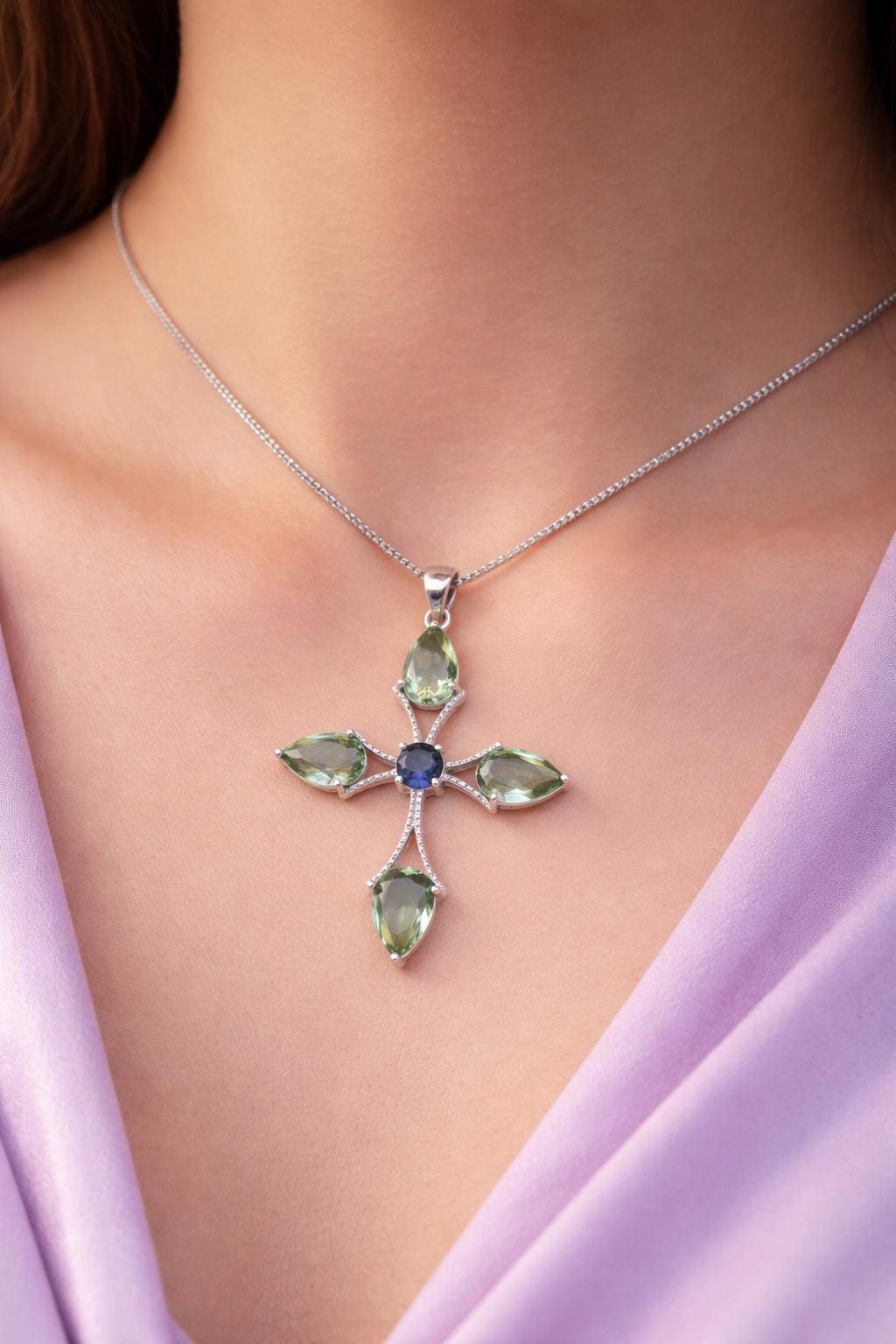 Natural Green Amethyst Cross Pendant | 925 Sterling Silver Green