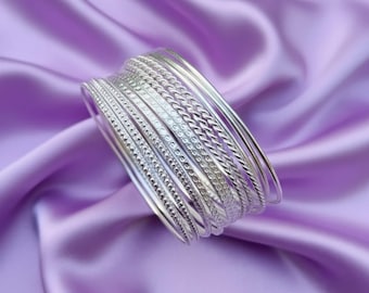 Sterling Silver Bangle Set, 925 Sterling Silver Stackable Bangles, Minimalist Silver Bracelets for Women