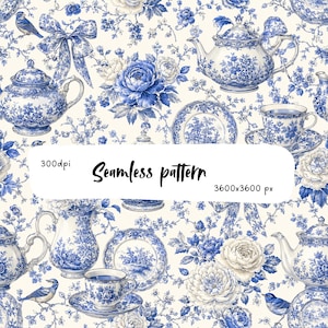May include: A seamless pattern featuring blue and white toile-style illustrations of teapots, teacups, saucers, floral bouquets, and birds on a cream background. The image includes the text 300dpi, Seamless pattern, and 3600x3600 px.