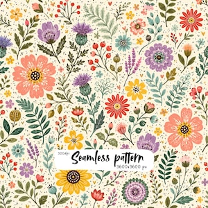 Scandinavian Wildflower Seamless Pattern | Colorful Folk Floral Meadow Repeat | Nordic Botanical Fabric | Cottagecore Floral Textile Design