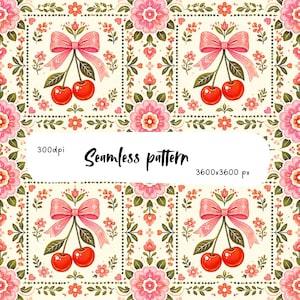 May include: A seamless pattern featuring repeating motifs of bright red cherries paired with light pink bows, interspersed with pink flowers and green foliage on a cream background. The text 300dpi, Seamless pattern, and 3600x3600 px is visible.