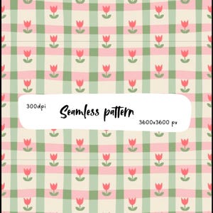 May include: A seamless pattern featuring a grid of light pink and sage green lines on a cream background, decorated with small pink tulips with green stems. A white overlay displays the text 300dpi, Seamless pattern, and 3600x3600 px.