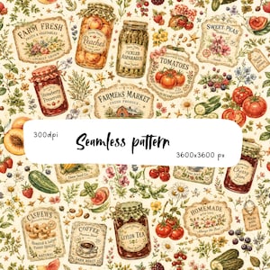 May include: A seamless pattern featuring vintage-style illustrations of farm produce, including jars of peaches, pickled asparagus, strawberry preserves, cherry jam, and Ceylon tea, alongside labels for tomatoes, cashews, and coffee on a cream background.