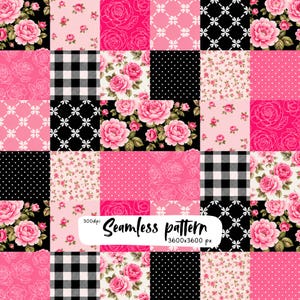 Op de afbeelding: Een digitaal naadloos patroon met een raster van vierkanten met roze rozen, zwart-wit ruitpatroon, witte stippen op zwarte en roze achtergronden en witte rasterontwerpen. Tekst: 300dpi Seamless pattern 3600x3600 px.