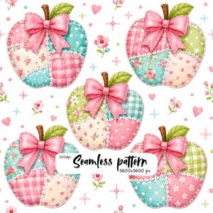 May include: A seamless pattern featuring five patchwork apples on a white background. Each apple is constructed from various fabric textures including gingham, polka dots, and floral prints, accented with a pink bow and a green leaf. Text reads Seamless pattern 300dpi 3600x3600 px.