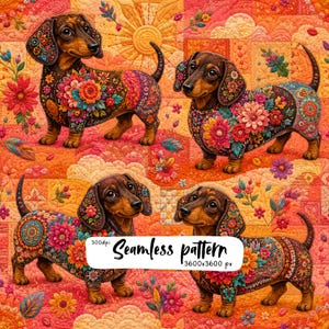 Motivo floreale senza cuciture con bassotto, carta digitale con bassotto trapuntato arancione, tessuto boho per animali domestici, sfondo per scrapbooking da scaricare