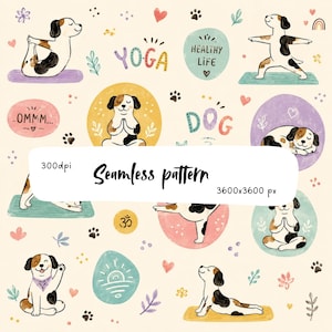 Könnte beinhalten: Ein nahtloses Muster mit Illustrationen von Hunden in verschiedenen Yoga-Posen, darunter sitzende, streckende und ruhende Positionen. Das Design enthält farbige kreisförmige Akzente, Pfotenabdrücke, Herzen und den Text YOGA, HEALTHY LIFE, OMMM und DOG.