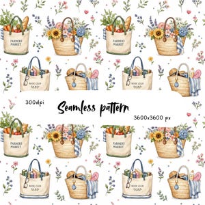 May include: A seamless pattern featuring watercolor illustrations of canvas tote bags and woven straw baskets filled with flowers, produce, and books. The bags are labeled Farmers Market or Book Club, interspersed with small floral sprigs and berries.