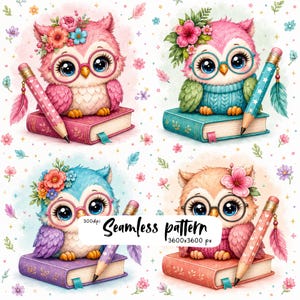 Pacchetto di clipart di gufi carini, gufi scolastici kawaii con libri e matite, PNG con acquerello floreale, per sublimazione in classe.