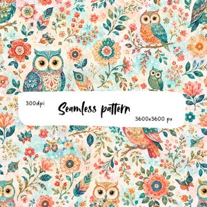 May include: A seamless pattern featuring owls, flowers, leaves, and butterflies in shades of orange, teal, and pink. A white rectangular overlay contains the text 300dpi, Seamless pattern, and 3600x3600 px in black, sans-serif lettering.