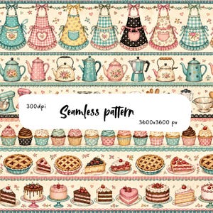 May include: A seamless pattern featuring rows of kitchen aprons, teapots, cupcakes, pies, and cakes. The design includes various colors like pink, blue, yellow, and brown, with decorative borders. Text reads 300dpi and 3600x3600 px.