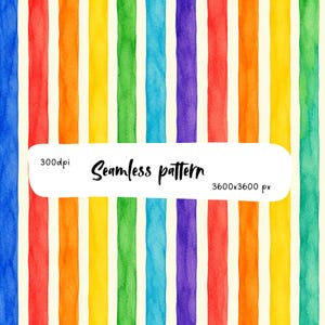 Pode incluir: Um padrão sem costuras com riscas verticais em aguarela azul, vermelha, laranja, amarela, verde e roxa sobre um fundo creme. Um retângulo branco apresenta o texto 300dpi, Seamless pattern, e 3600x3600 px.