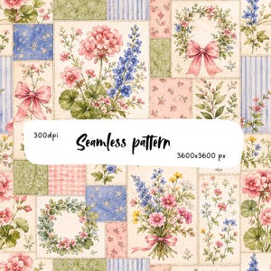 May include: A seamless pattern featuring a patchwork design of floral illustrations, including pink geraniums, blue delphiniums, and wreaths with pink bows. The image includes the text 300dpi, Seamless pattern, and 3600x3600 px in the centre.