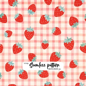 Peut inclure: Un motif répétitif composé de fraises rouges avec des feuilles vertes réparties sur un fond à carreaux rose clair et blanc. Une étiquette rectangulaire blanche au centre affiche le texte 300dpi Seamless pattern 3600x3600 px.