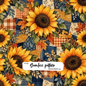Sunflower Fall Patchwork Seamless Pattern, Navy Blue Gingham Plaid, Rustic Autumn Leaves, Farmhouse Floral Fabric Digital Paper, 300 DPI PNG