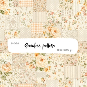 May include: A seamless pattern featuring a patchwork design of cream, beige, and soft orange floral prints, polka dots, stripes, and gingham squares. The text 300dpi Seamless pattern 3600x3600 px is overlaid in the center of the image.