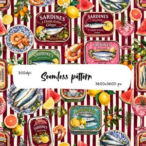 Nahtloses Muster: Mediterraner Sardinenmarkt, Aquarell-Fischdose im Vintage-Stil, burgunderroter Küstenstoff, digitales Papier mit Zitronen-Zitrus-Meeresfrüchte-Motiv
