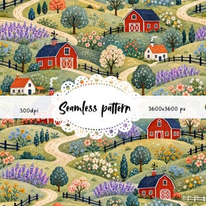 Pode incluir: Um padrão sem costura com uma pitoresca cena campestre. Celeiros vermelhos e casas brancas pontilham colinas verdes onduladas, com caminhos sinuosos e vibrantes canteiros de flores. O texto "Seamless pattern" é exibido em uma moldura decorativa.