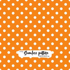 Könnte beinhalten: Ein nahtloses Muster mit einem sich wiederholenden Design aus weißen Punkten auf einem leuchtend orangefarbenen Hintergrund. Ein weißes rechteckiges Etikett ist unten zentriert mit dem schwarzen Text 300dpi Seamless pattern 3600x3600 px.